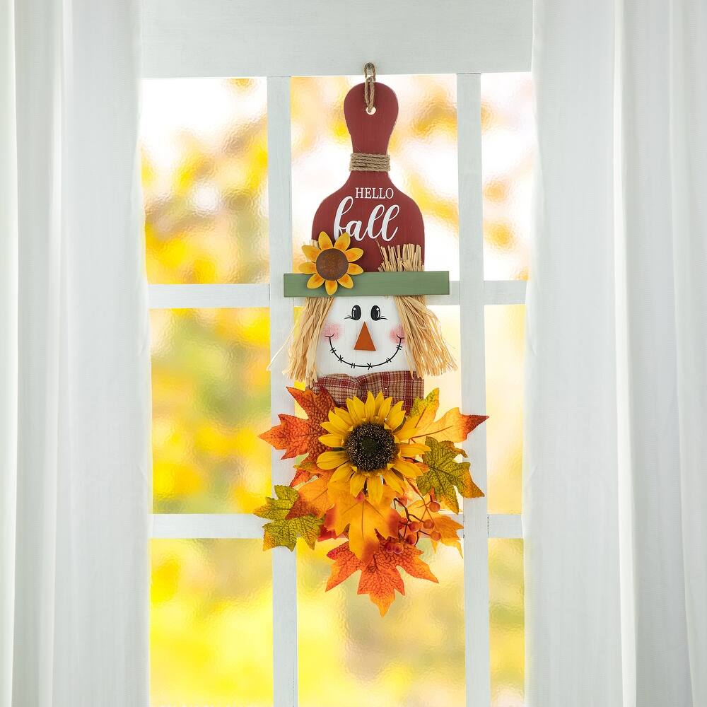 Glitzhome Wooden Maple Leaves Scarecrow Sunflower Door Hanger Wall Decor