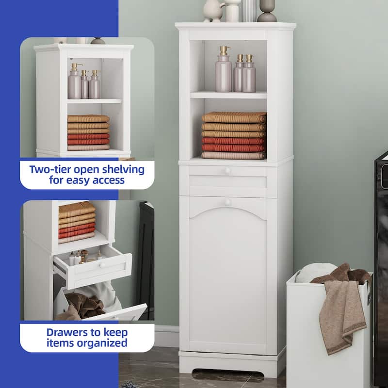 53 Inch Tall Tilt Out Laundry Hamper Cabinet with Hidden Basket and Storage Drawer