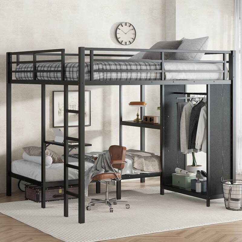 King Over Twin XL Bunk Bed Frame with Built-in Wardrobe Foldable Desk Black - Black - King
