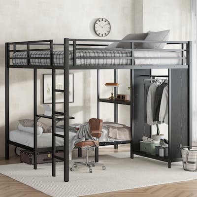 King and Twin XL Metal Bunk Bed with Closet, Built-in Work Table & Protective Guardrails
