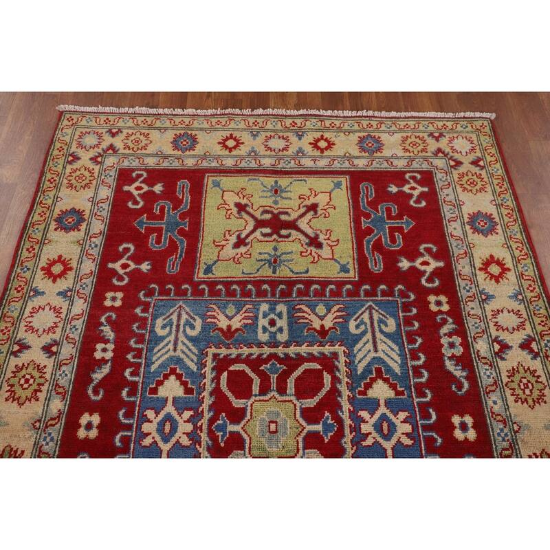 Traditional Kazak Oriental Area Rug Handmade Geometric Red Wool Carpet - 4'3" x 6'4"