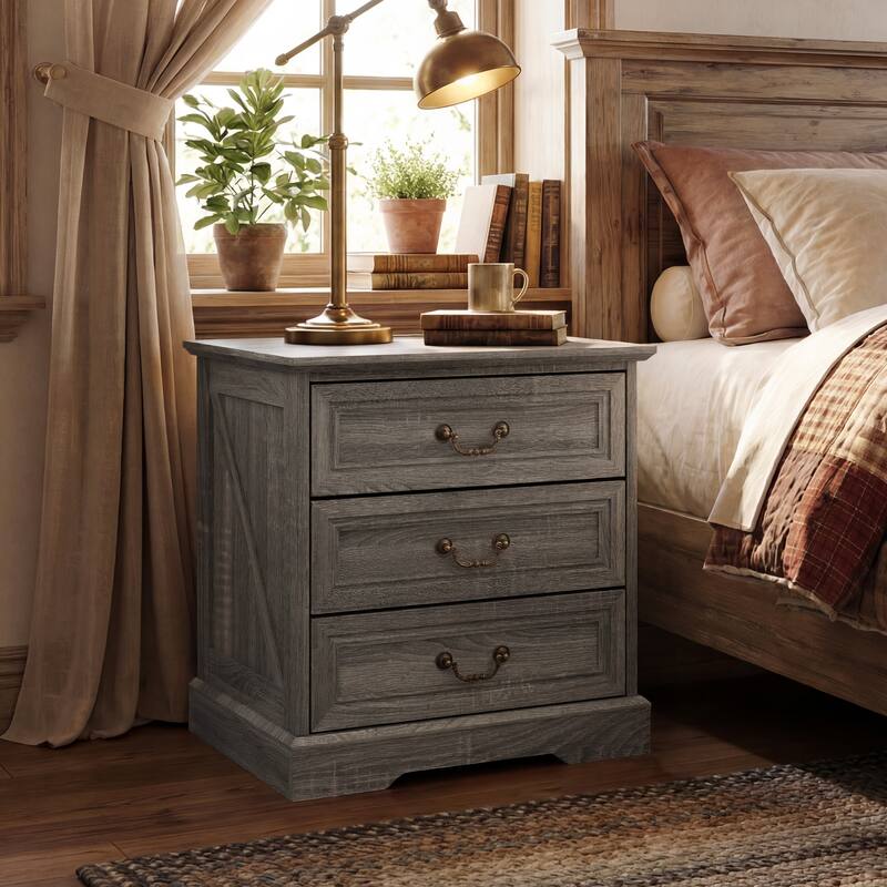 Farmhouse Nightstand with Charging Station, 3 Drawer Bedside Table with 2 AC Outlets & 2 USB Ports, Rustic Wood End Table - Grey Wood