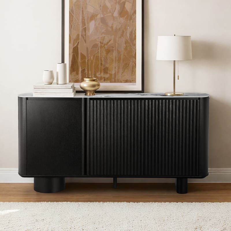 Spruce & Spring Modern Black Oak Sideboard with White Ceramic Top - Black