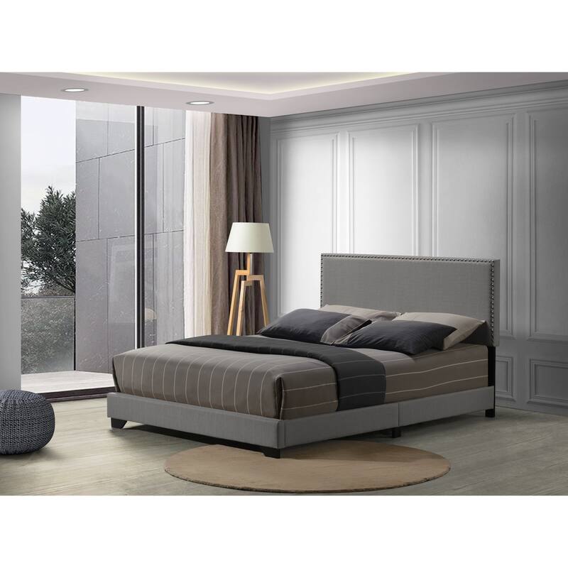 Queen Size Fabric Upholstered Platform Bed with Nailhead Trim and 660lbs Capacity - Light Gray