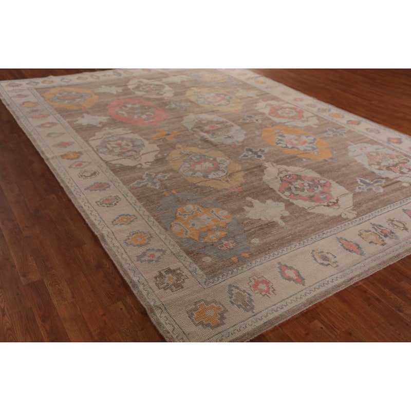 Hand Knotted Oriental 100% Wool Carpet Transitional Geometric Brown Oushak Area Rug - 12' 6'' X 8' 11''