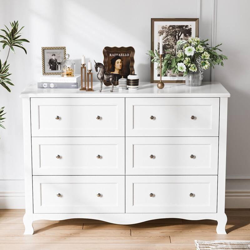 White P2 Density Board Painted 47.2in 6-Drawer French Curved Legs
