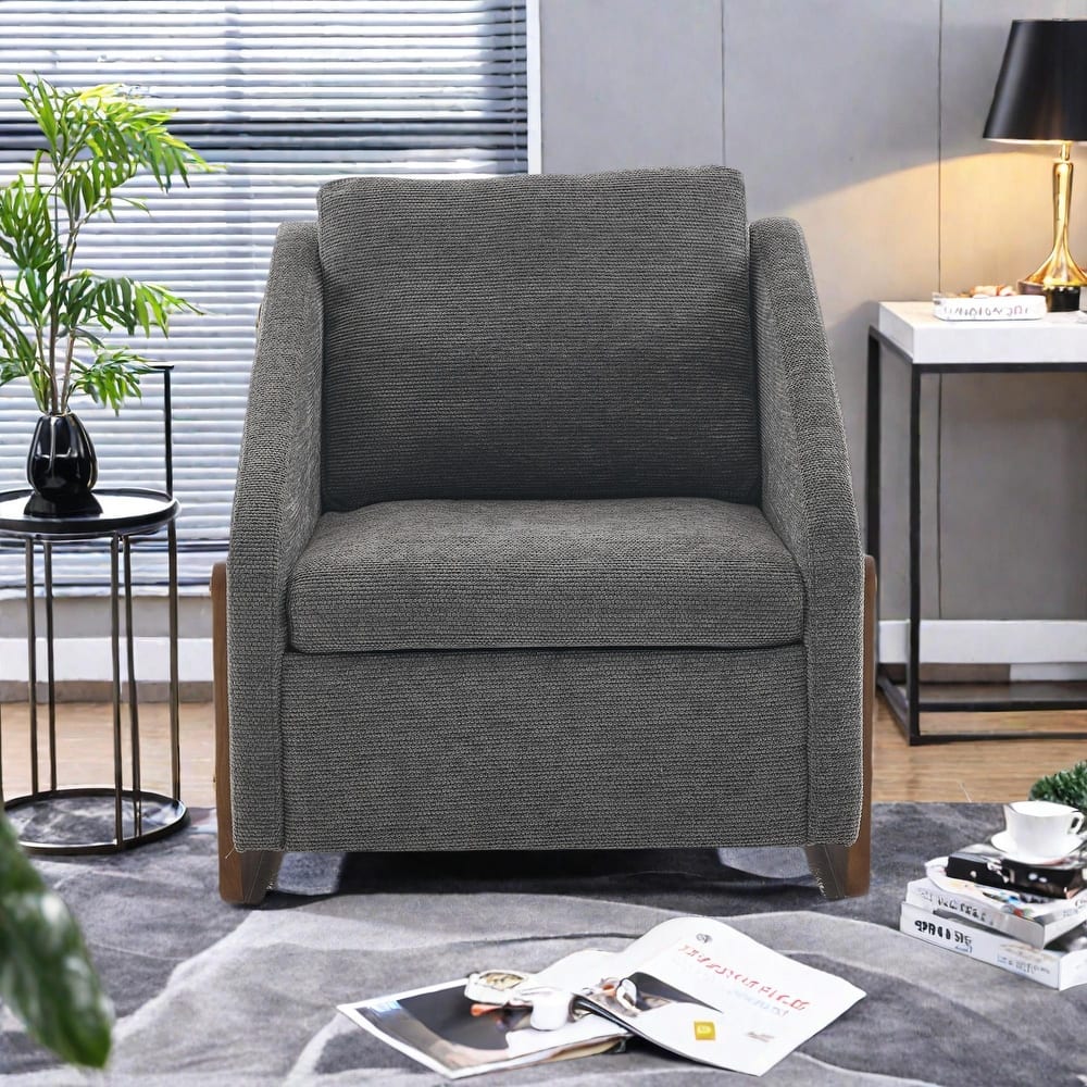 Chenille Fabric Modern Armchair with Wooden Side Frame, Cushioned Seat and Backrest, and Golden Nailhead Trim