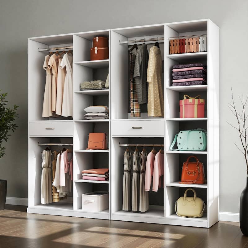 Freestanding Closet System Stand-Alone Wardrobe with 6 Open Shelves 1 Drawer and 2 Hanging Rods 74.8" Wood Closet Organizer