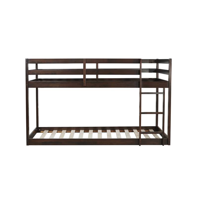 Wooden Twin over Twin Floor Bunk Bed with Ladder ,Upper and Bottom Bed Platforms