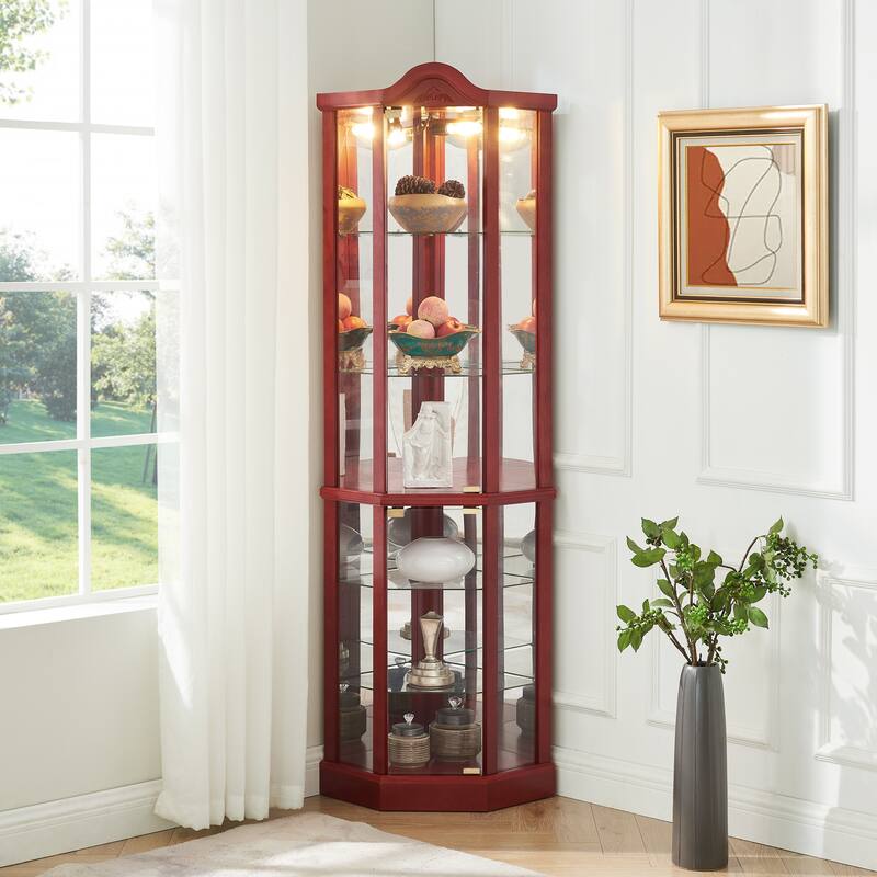 Corner Decoration Display Cabinet with Light, Adjustable Glass Shelves & Door