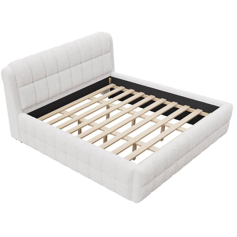 Modern Upholstered Platform Bed Frame Grounded Bed Frame with Striped Headboard/Wood Slats Support/No Box Spring/Easy Assembly
