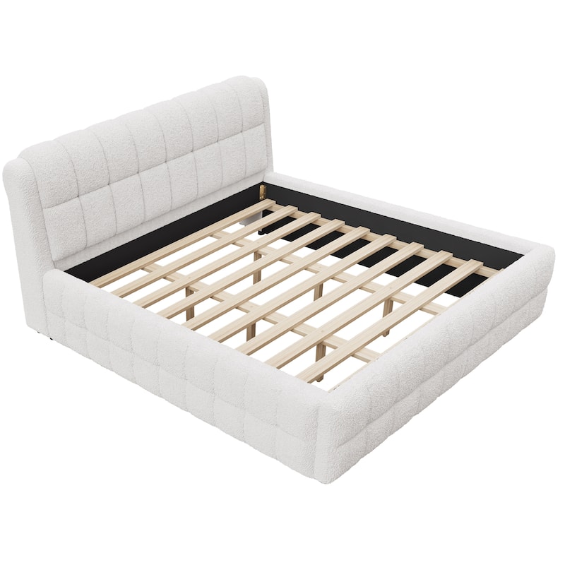 Upholstered Platform Bed with Thick Wingback Headboard and Wood Slat Support