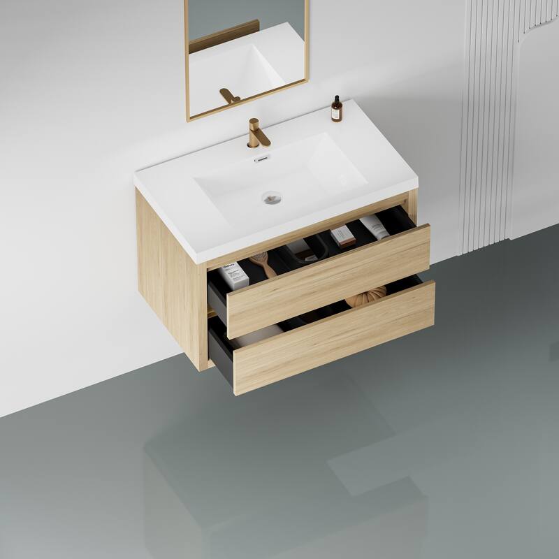 GDFStudio - Maxwell Floating Bathroom Vanity with Stone Resin Countertop & Soft-Close Drawers
