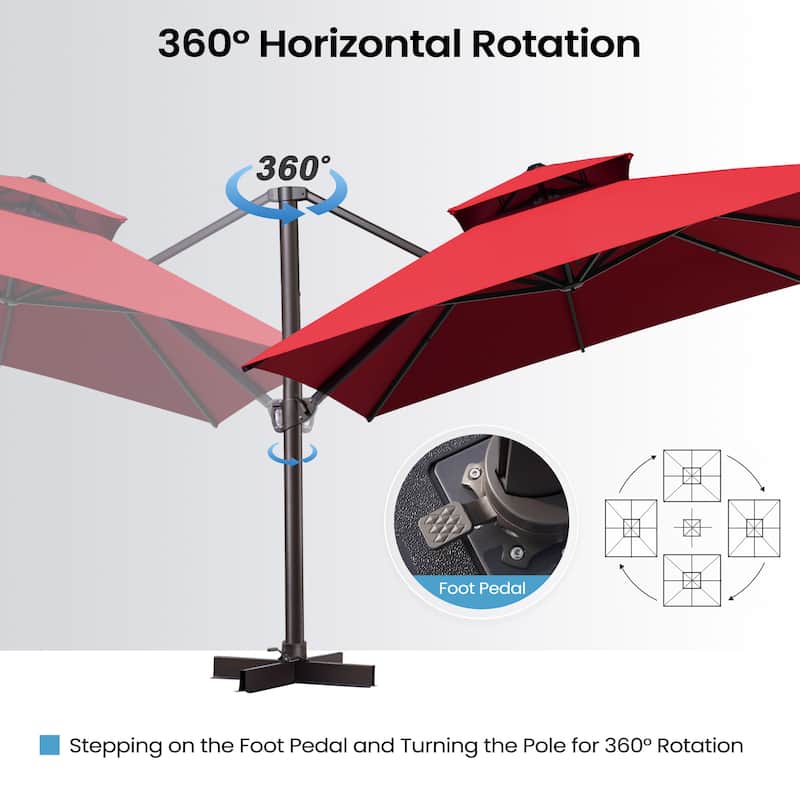 10 x 13 ft Double Top Aluminum Rotating Patio Offset Cantilever Umbrella with Base