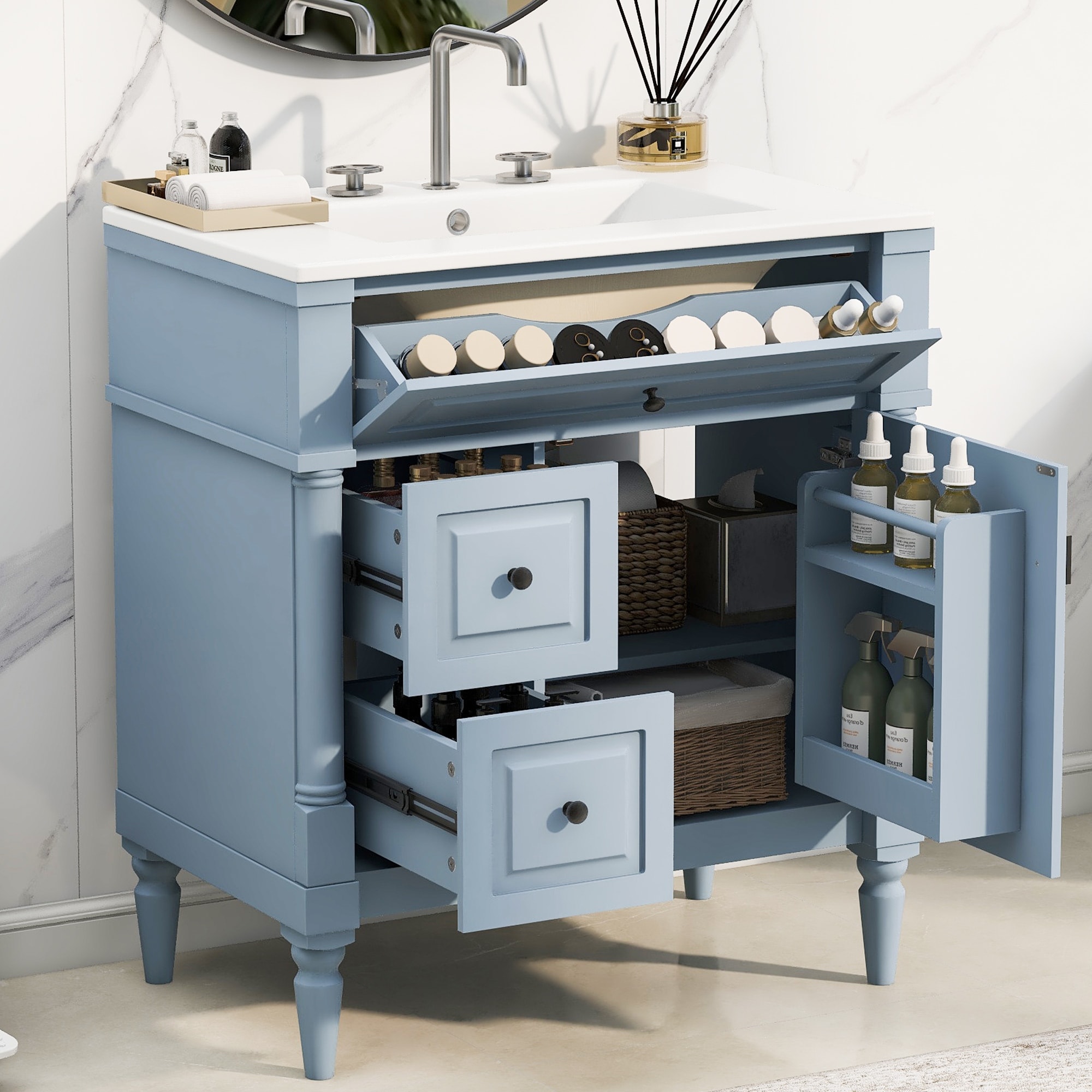 30" Bathroom Vanity with Sink Freestanding Bathroom Cabinet with Flip Drawer & Adjustable Shelf, Metal Handles