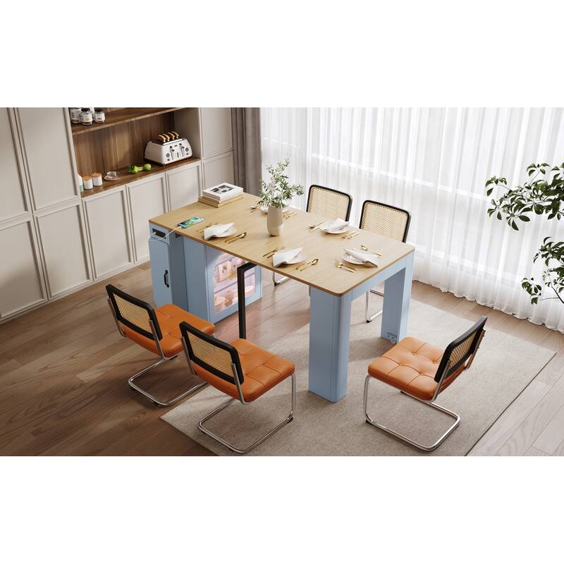 Roomfitters Extendable Dining Table, Mobile Kitchen Island, Rolling Storage Cabinet with Power Outlet