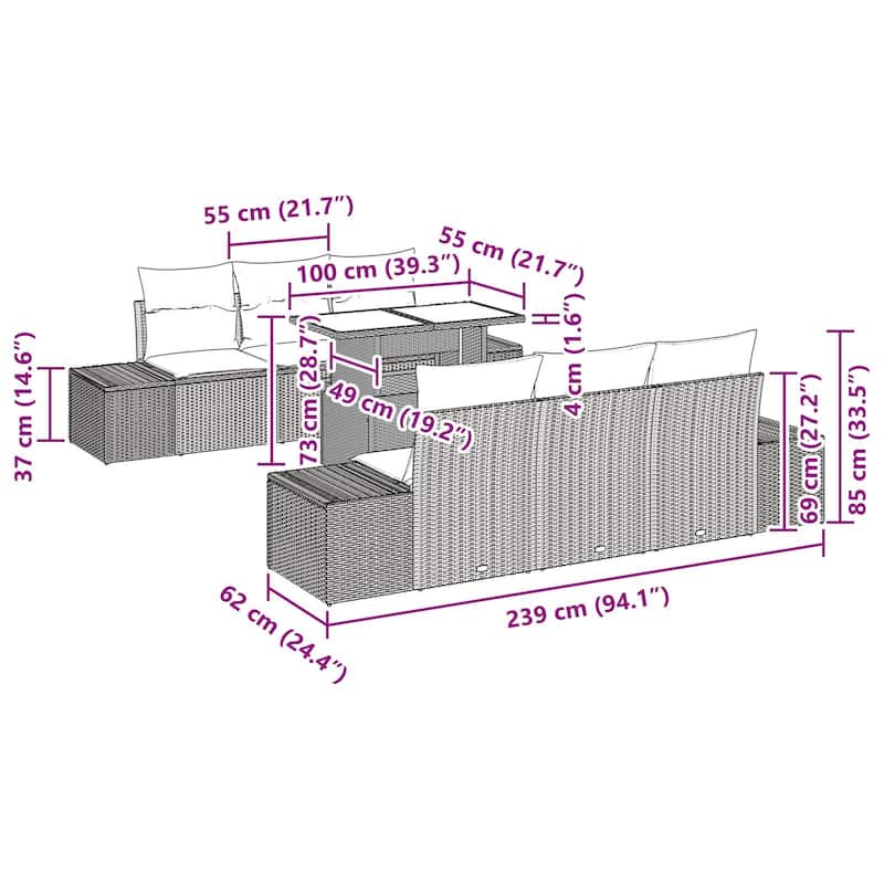 vidaXL 7 Piece Garden Sofa Set with Cushions - 94.1×24.4×27.2