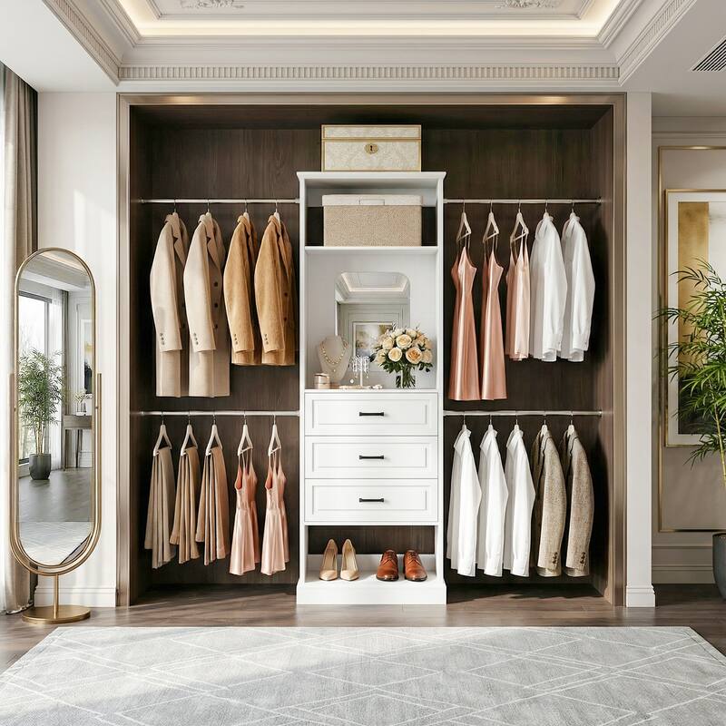 90'' W Closet System with Extendable Hanging Rods & Mirror,Walk-in Closet Organizer System Starter Kit with Drawers