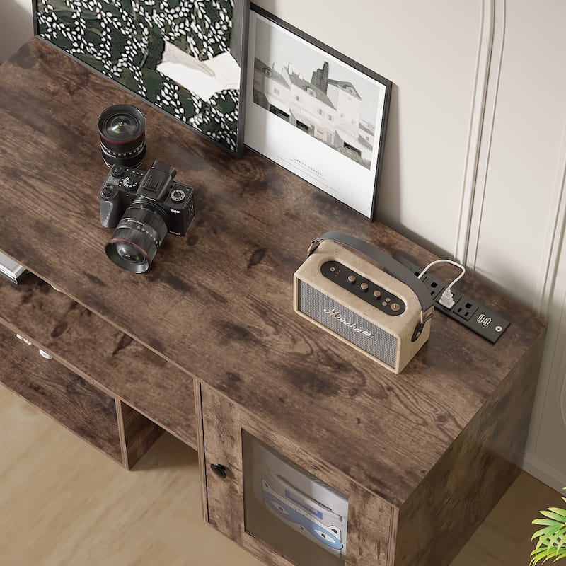 VECELO TV Stand with LED Lights & Power Outlets, Storage Shelves - 55 inches
