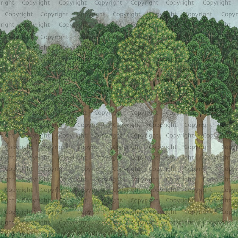 Serene Greenery and Blooming Trees Wallpaper Mural - Green - W:225" x H:118"