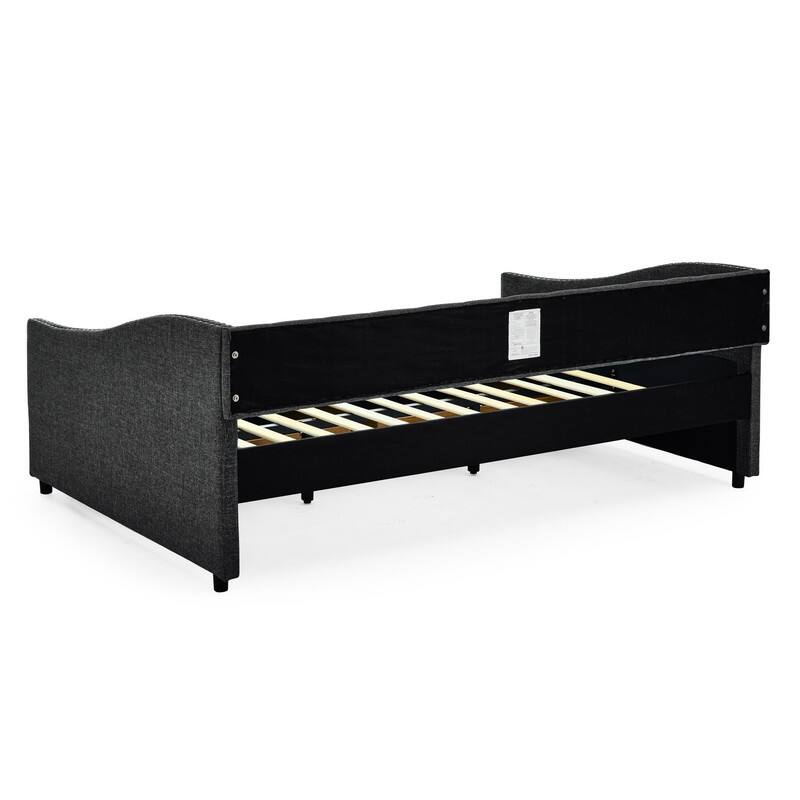 Full Daybed with Drawers,Linen Upholstered Bed with Button on Back and Copper Nail