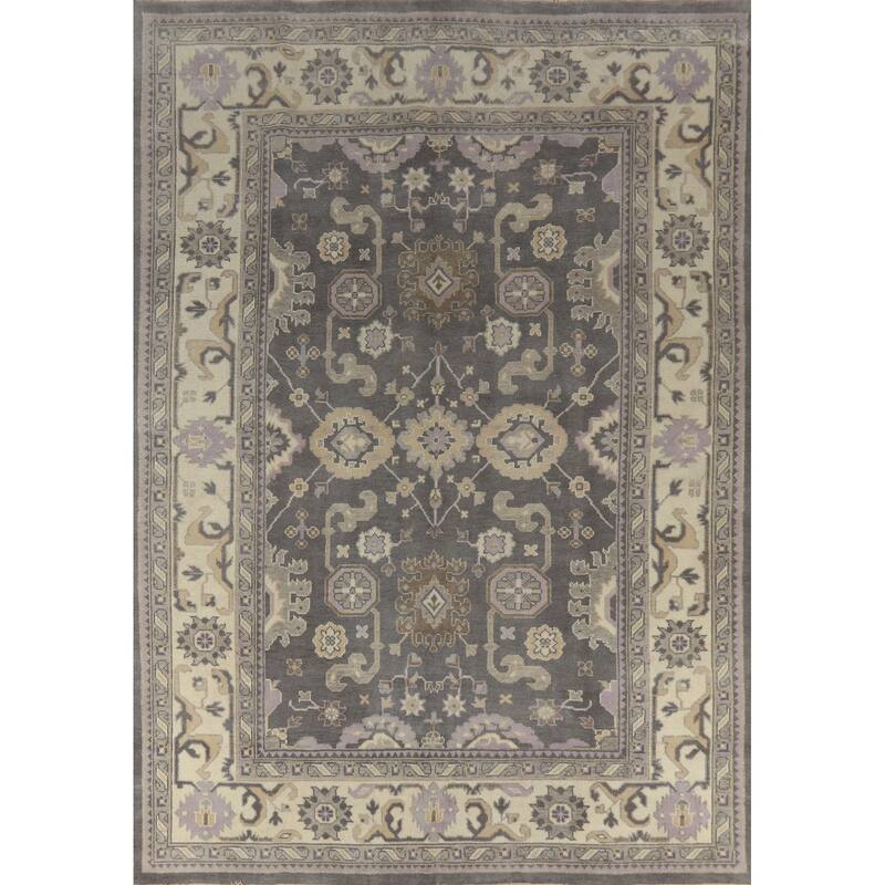 Gray Geometric Oushak Indian Area Rug Hand-Knotted Wool Carpet - 8'8" x 11'10"