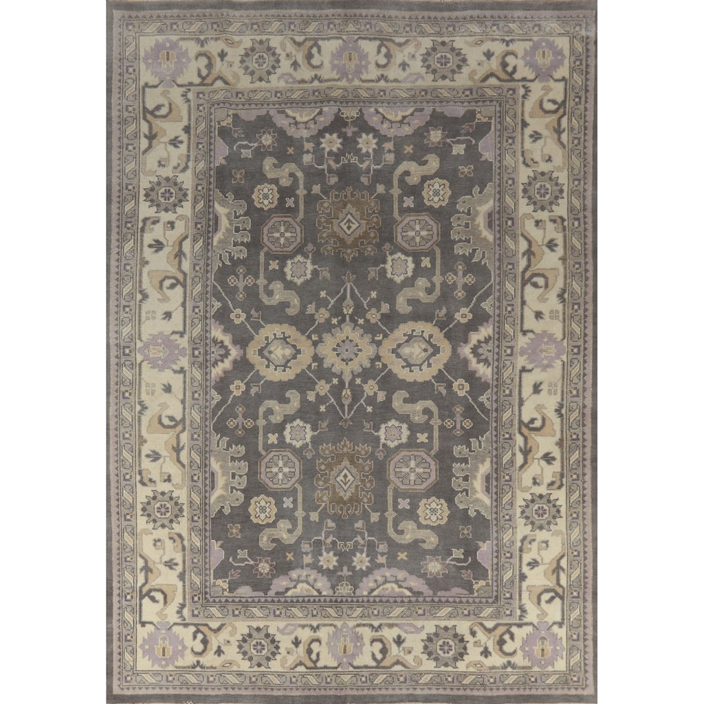 Gray Geometric Oushak Indian Area Rug Hand-Knotted Wool Carpet - 8'8" x 11'10"