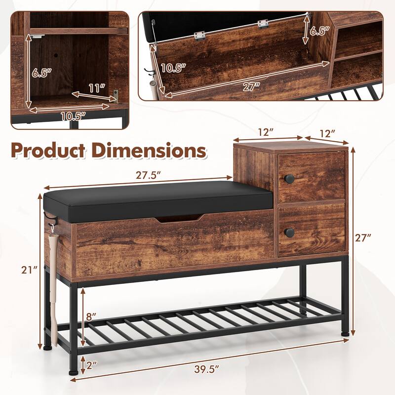 Gymax Entryway Bench Shoe Bench w/ Flip Top Box & 2 Door Cabinets PVC