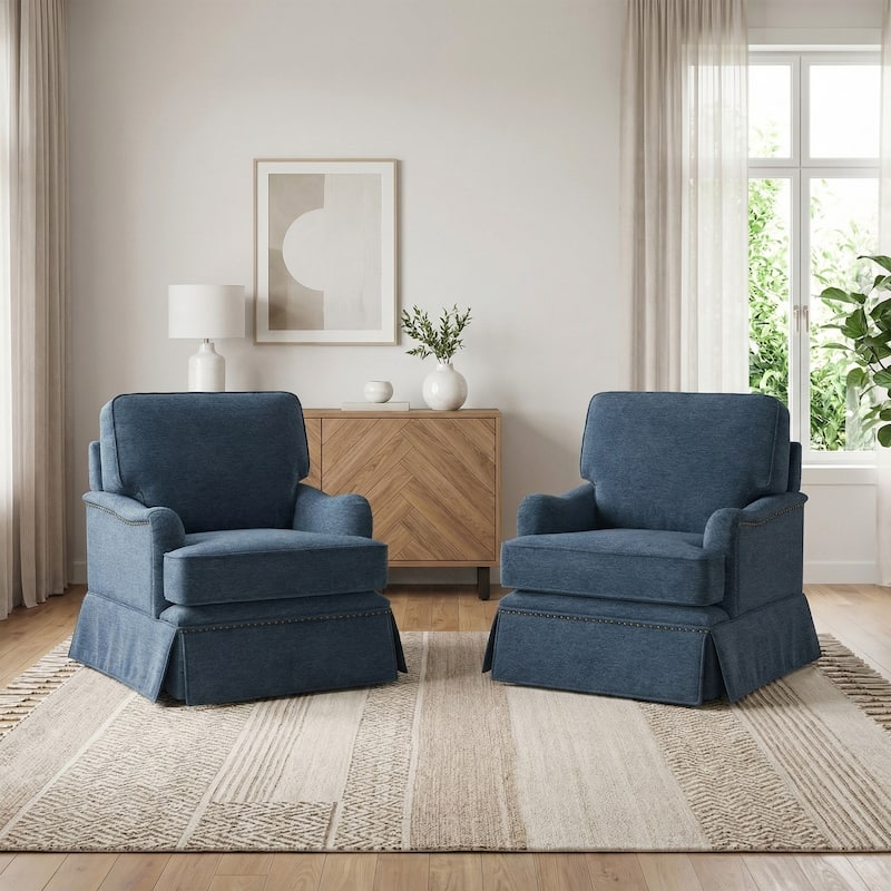Set of 2 Chenille Swivel Accent Chair with Nailhead Trim Skirt - Navy