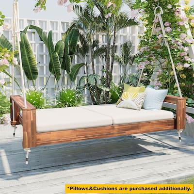 Twin Size Porch Swing Bed Seating Group, Patio Acacia Wood Swing Frame with Hemp Ropes for Garden