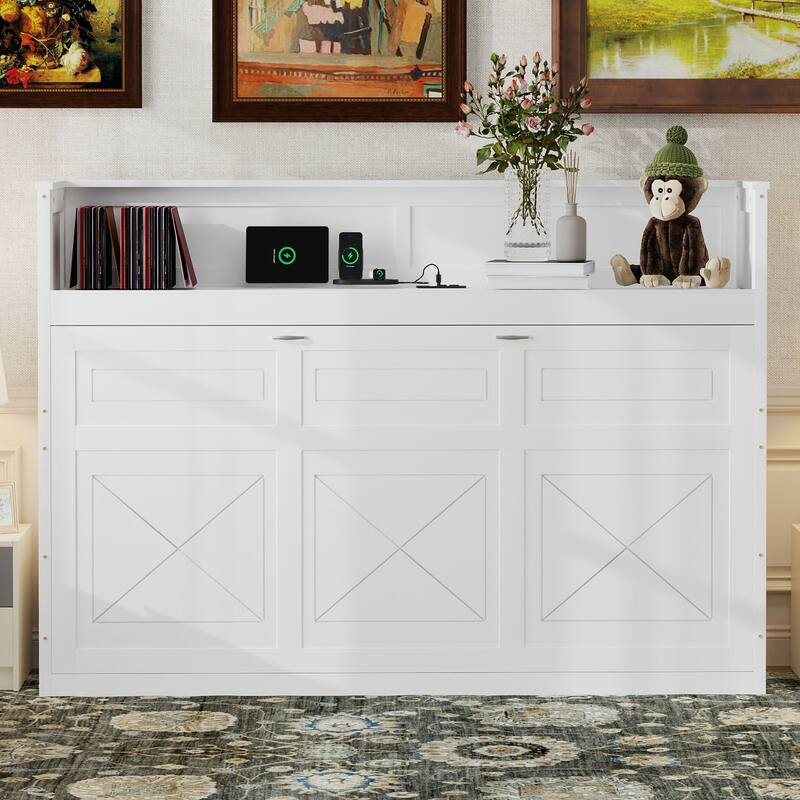 Twin XL Size Murphy Bed with Desk & LED Light, Solid Wood Bed Frame with USB Charging Station, for Small Spaces and Home Offices