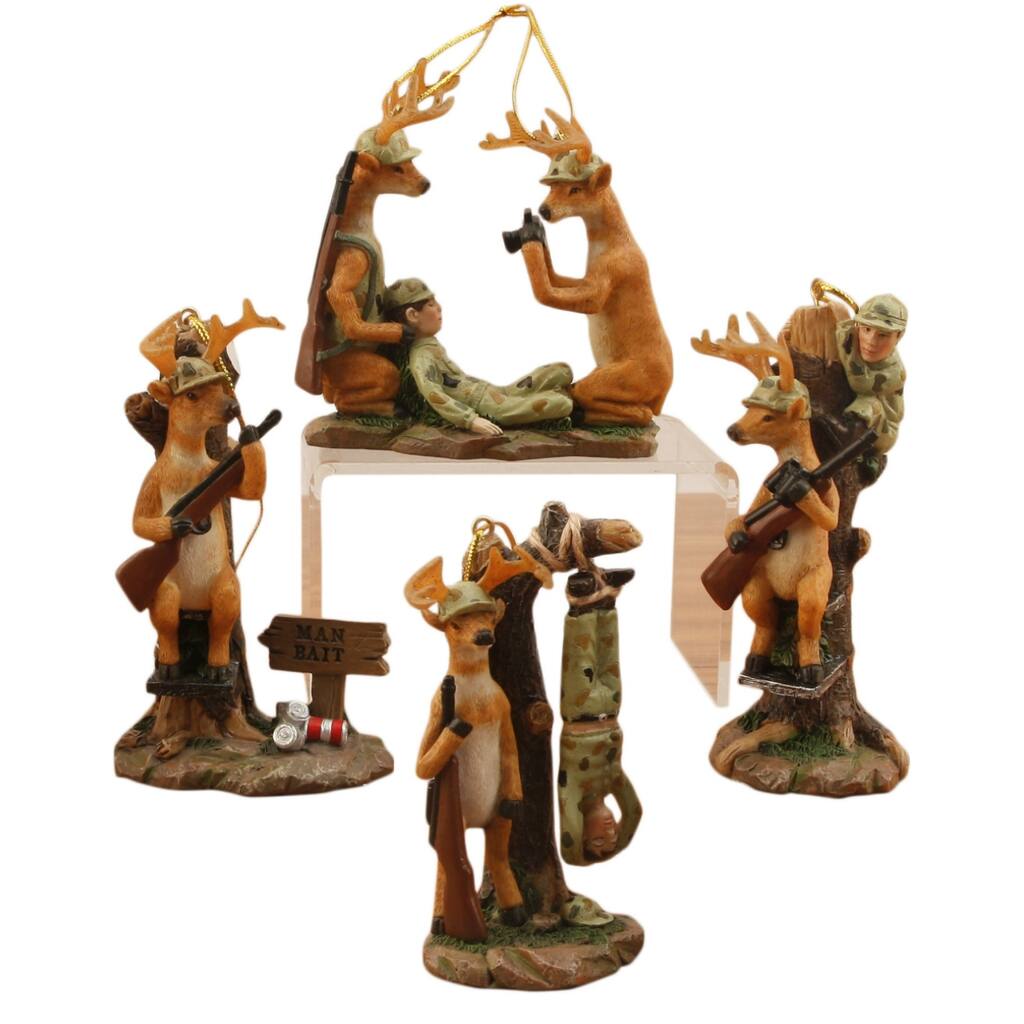 Funny Hunter Deer Man Bait Christmas Holiday Ornaments Set of 4 - Brown