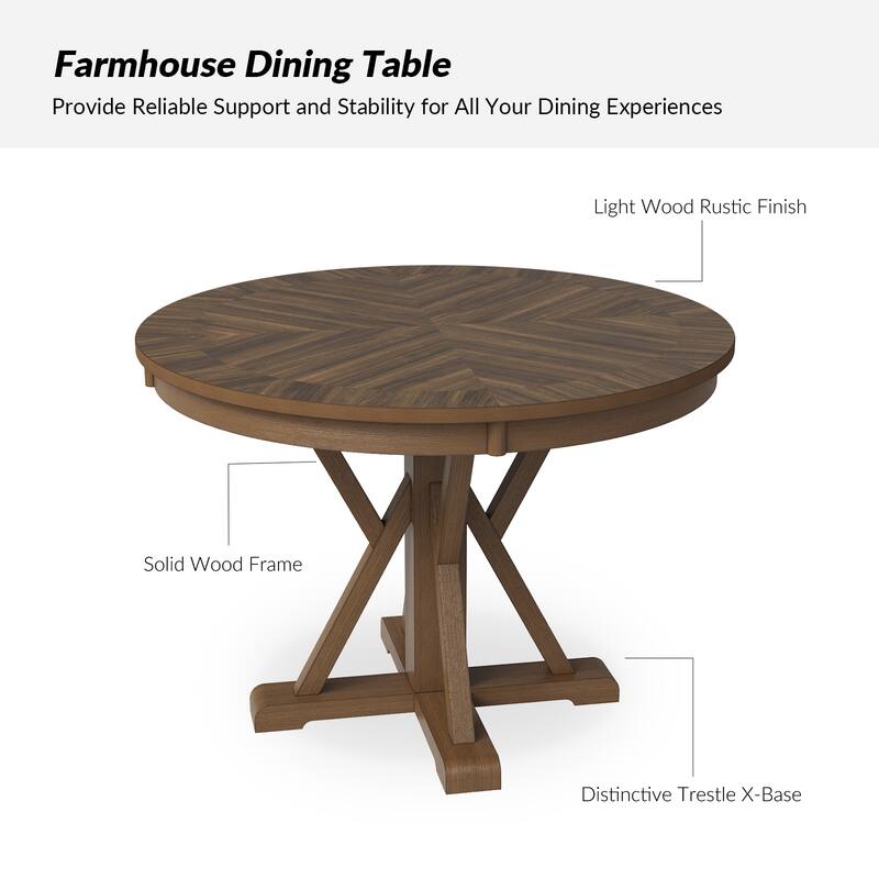 Felicia Farmhouse Natural Solid Wood Round Cross-buck Base Dining Table for 4 by HULALA HOME
