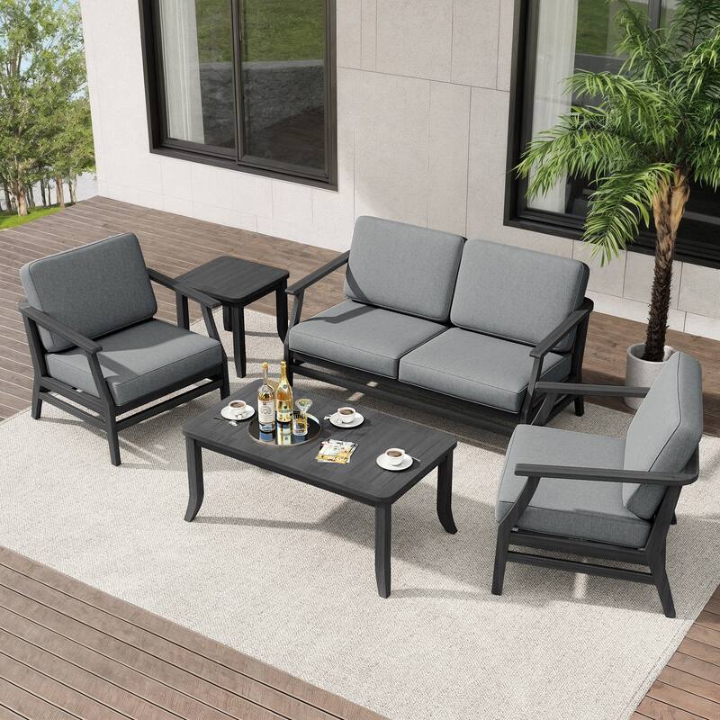 Teak Outdoor Patio Seating Set with Loveseat, Chairs and Tables (5-Piece)