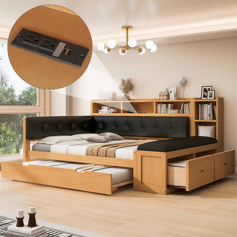 Full Size L-shape Daybed, Captains Bed with Trundle, Bookcase Built-in Charging Station, Upholstered Storage Bench and Headboard