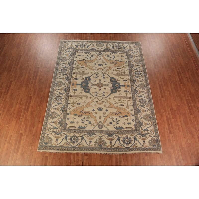 All-Over Ivory Oushak Area Rug Hand-Knotted Wool Carpet - 9'0"x 11'10"