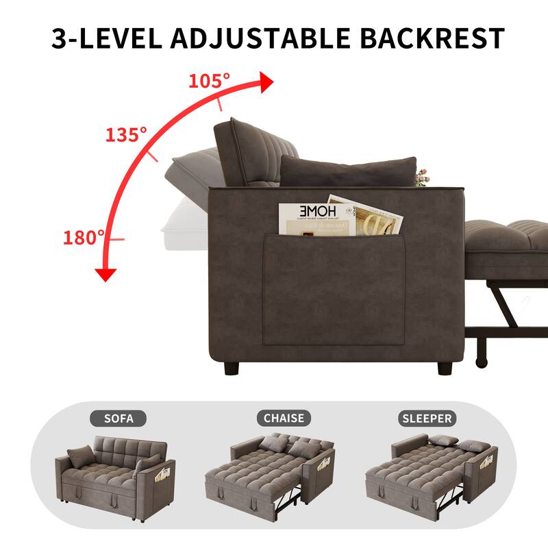 Anmytek Modern Velvet Small Loveseat Pull Out Sleeper Sofa Bed with Pillows and Side Pockets