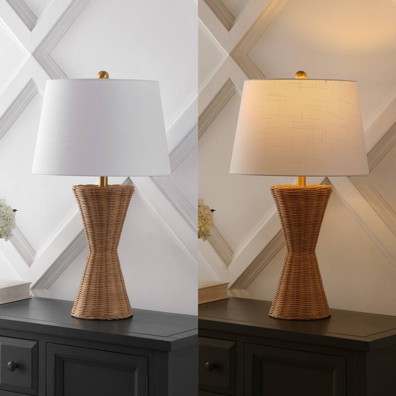 Alma 27" Coastal Designer Iron/Rattan Wicker LED Table Lamp, Natural (Set of 2), by JONATHAN Y