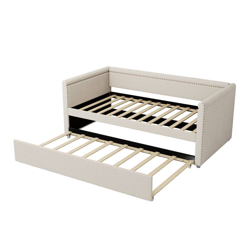 Upholstered Daybed, Twin Size Sofa Bed, Nailhead Trim Curved Arms Guest Bed with Trundle Bed, Platform Bed, Low Profile Bed