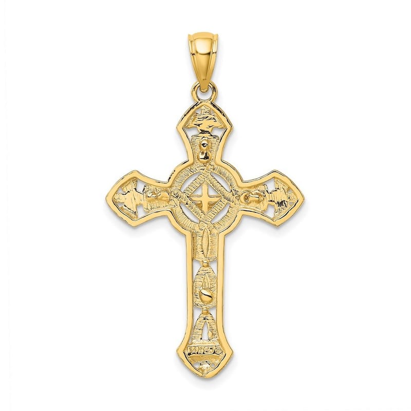 Curata 14k Yellow Gold Large Textured Arrow Tips and Circle Center Crucifix Cross Necklace 32mm x 40mm