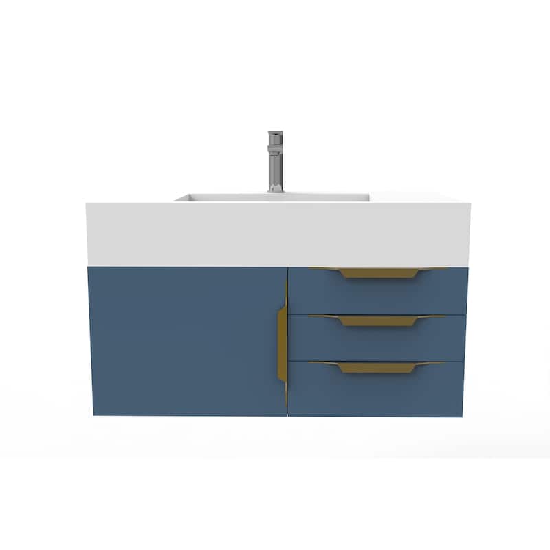 Nile 36-Inch Wall Mounted Bathroom Vanity Set w/ White Top - Gold Finish - Blue