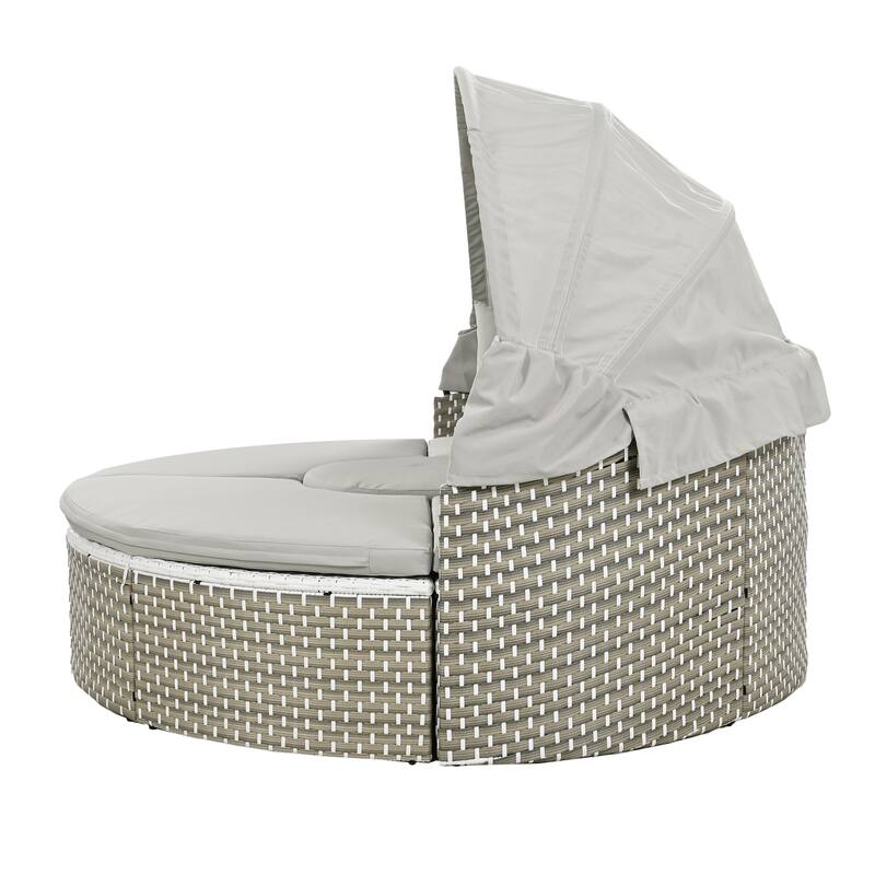 Round Outdoor Sectional Sofa Set Rattan Daybed Two-Tone Weave Sunbed with Retractable Canopy, Separate Seating