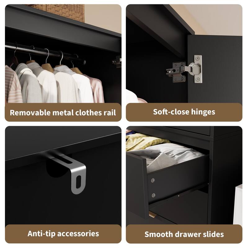 69.5" Armoire Wardrobe Closet with Rattan Doors, 3 Drawers & Hanging Rod, Wooden Storage Cabinet for Bedroom