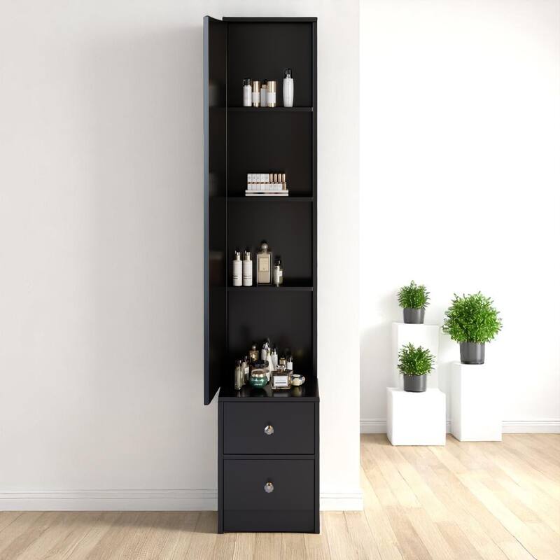 Simple Standing Mirror Cabinet with Storage Shelves, 63" Full-Length Mirror for Bedroom or Vanity Setup