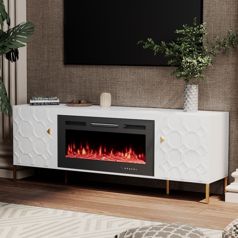 Clihome High Gloss Storage 70'' TV Stand with 36'' Electric Fireplace