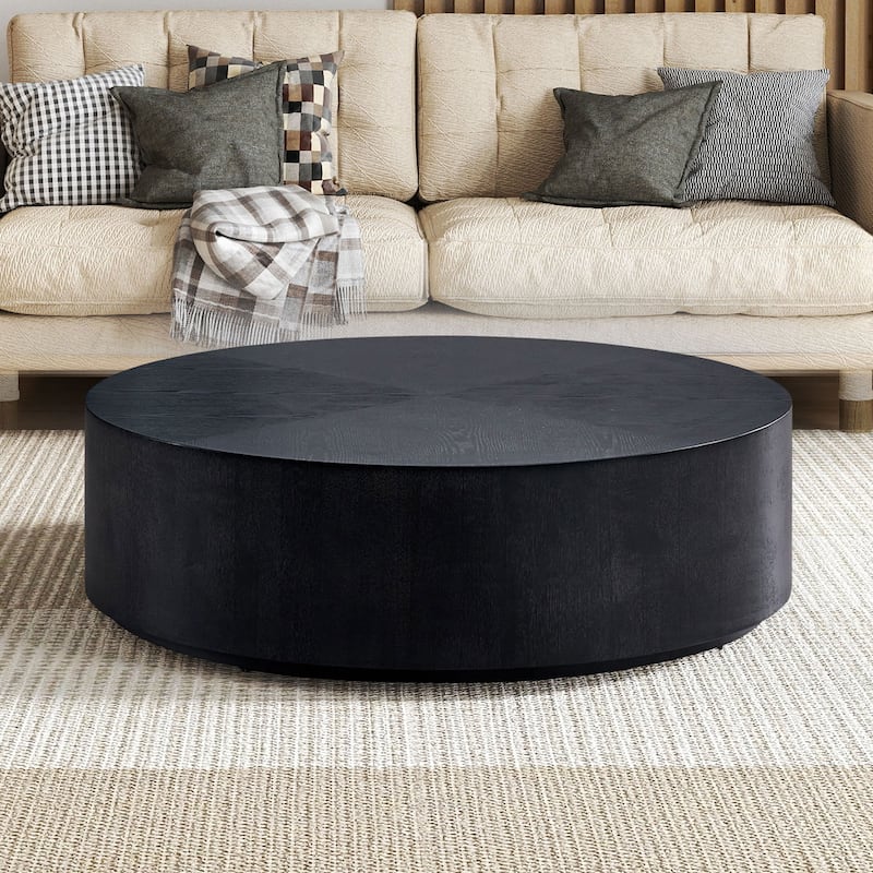 Low Round Coffee Table Compact Drum Center Table - Black