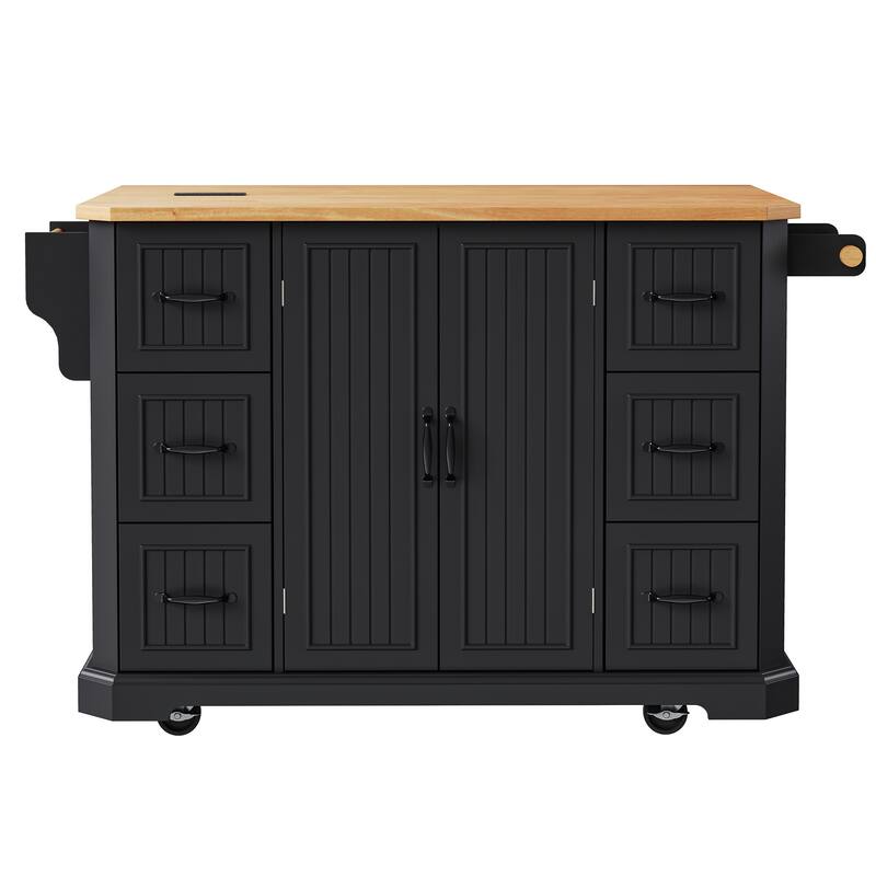 55.5'' Rubber Wood Kitchen Island with Power Outlet, Drop Leaf, Rolling Wheels and 6 Deep Drawers - 55.5'' x 29.75'' x 36''