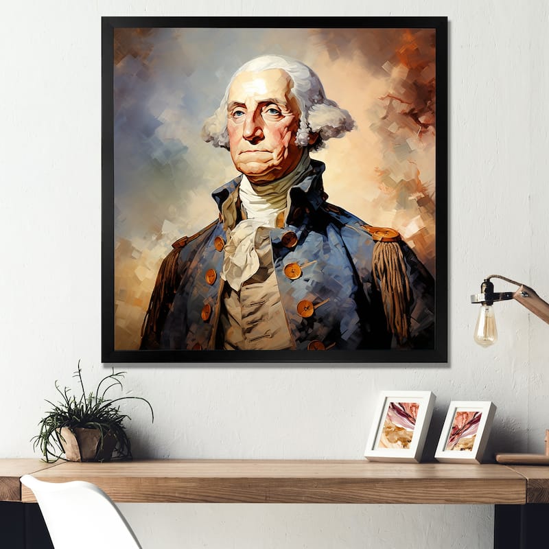 Designart "Vintage Portrait Of President George Washington I" President/Political Blue Living Room Framed Canvas Art - 30 in. wide x 30 in. high - Black