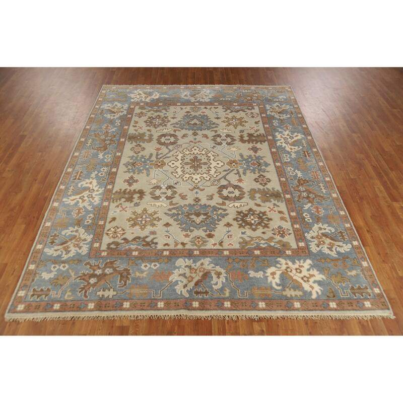 Geometric Oushak Indian Area Rug Hand-Knotted Wool Carpet - 8'0" x 9'9"