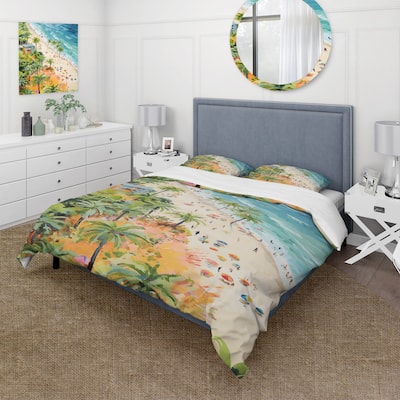 Designart "Pastel color Coastal Beach Scene paradise I" Coastal Beach Bedding Cover Set - Traditional Bed Set with Shams